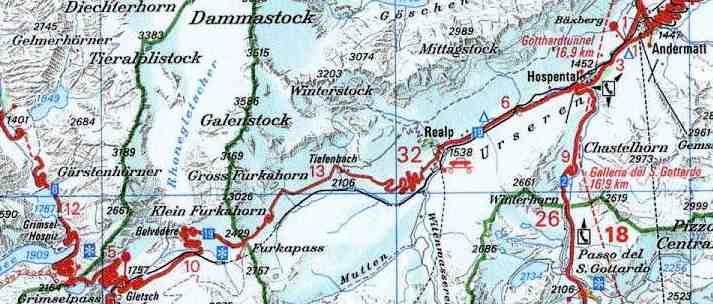 Karte 1:200'000 Verlauf der Furkapass-Strasse