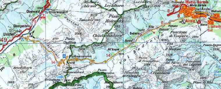 Karte 1:200'000 Verlauf der Nufenenpass-Strasse